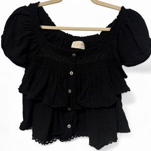 Allie Rose Black Puff Sleeve Ruffle Peasant Blouse Size M